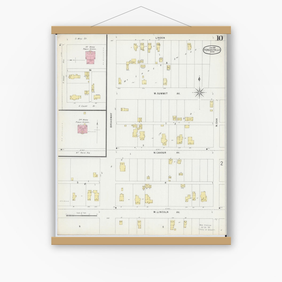 Old map wall art mockup — magnetic wood frame on white wall — Sanborn Fire Insurance Map from Fergus Falls, Otter Tail County, Minnesota (1896), Sheet #0010