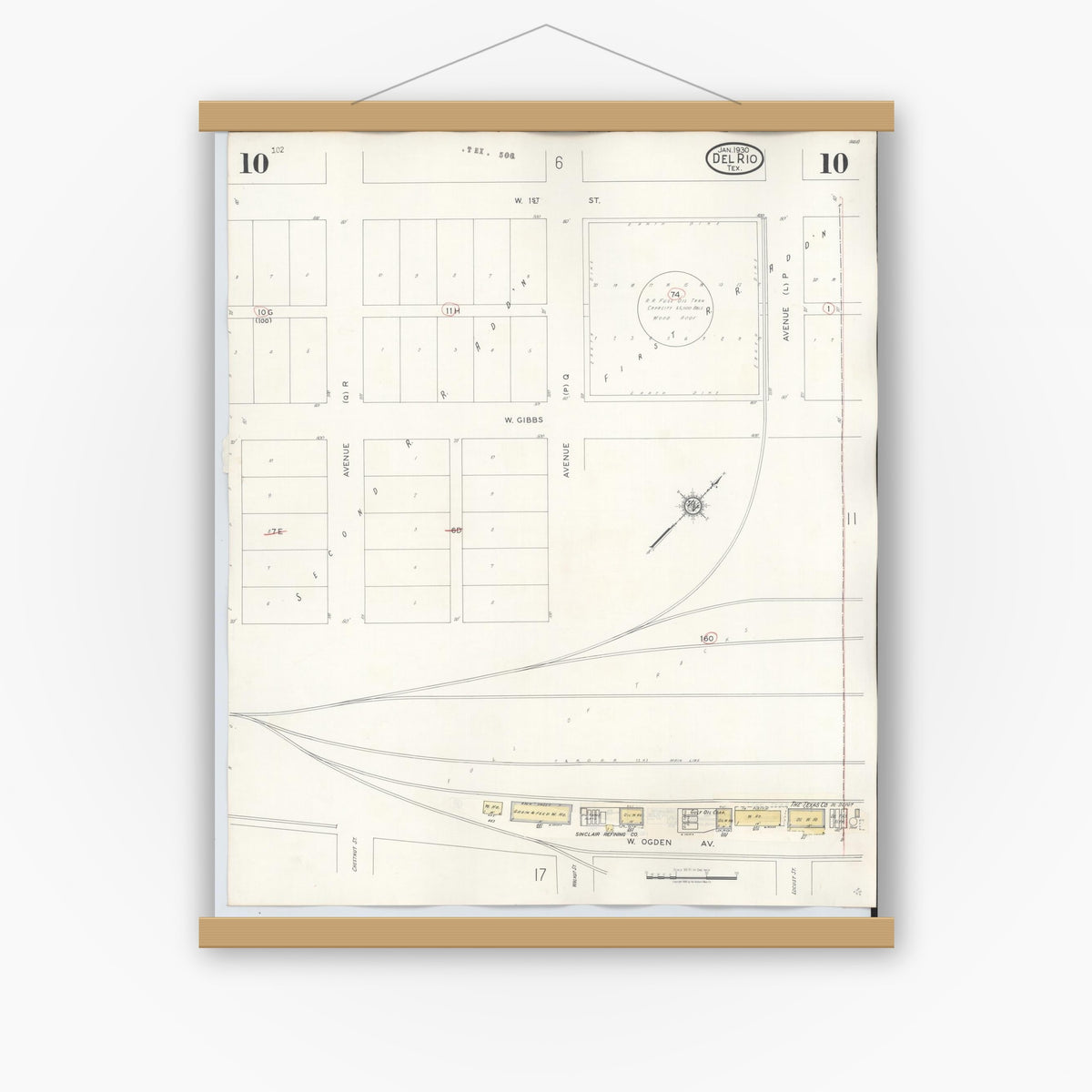 Old map wall art mockup — magnetic wood frame on white wall — Sanborn Fire Insurance Map from Del Rio, Val Verde County, Texas (1948), Sheet #0010