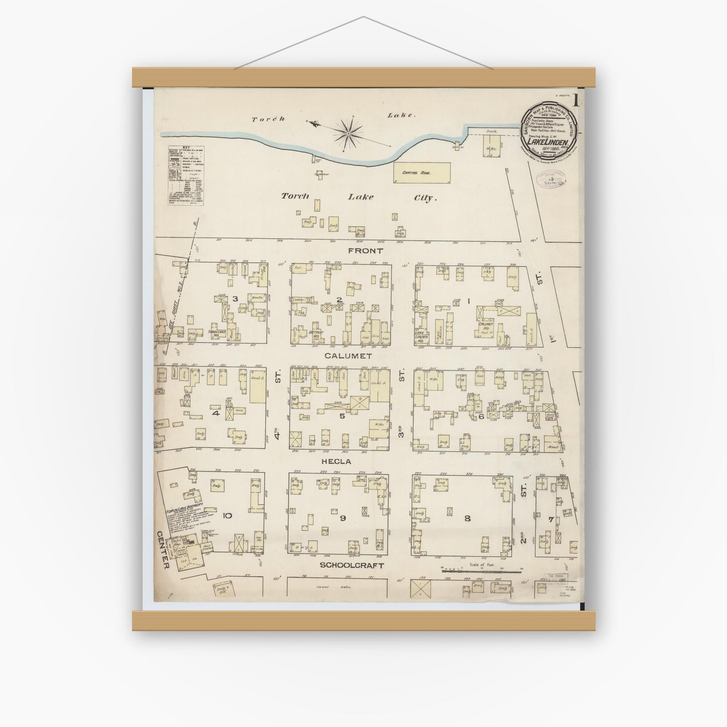 Old map wall art mockup — magnetic wood frame on white wall — Sanborn Fire Insurance Map from Lake Linden, Houghton County, Michigan (1885) - Complete Map Set