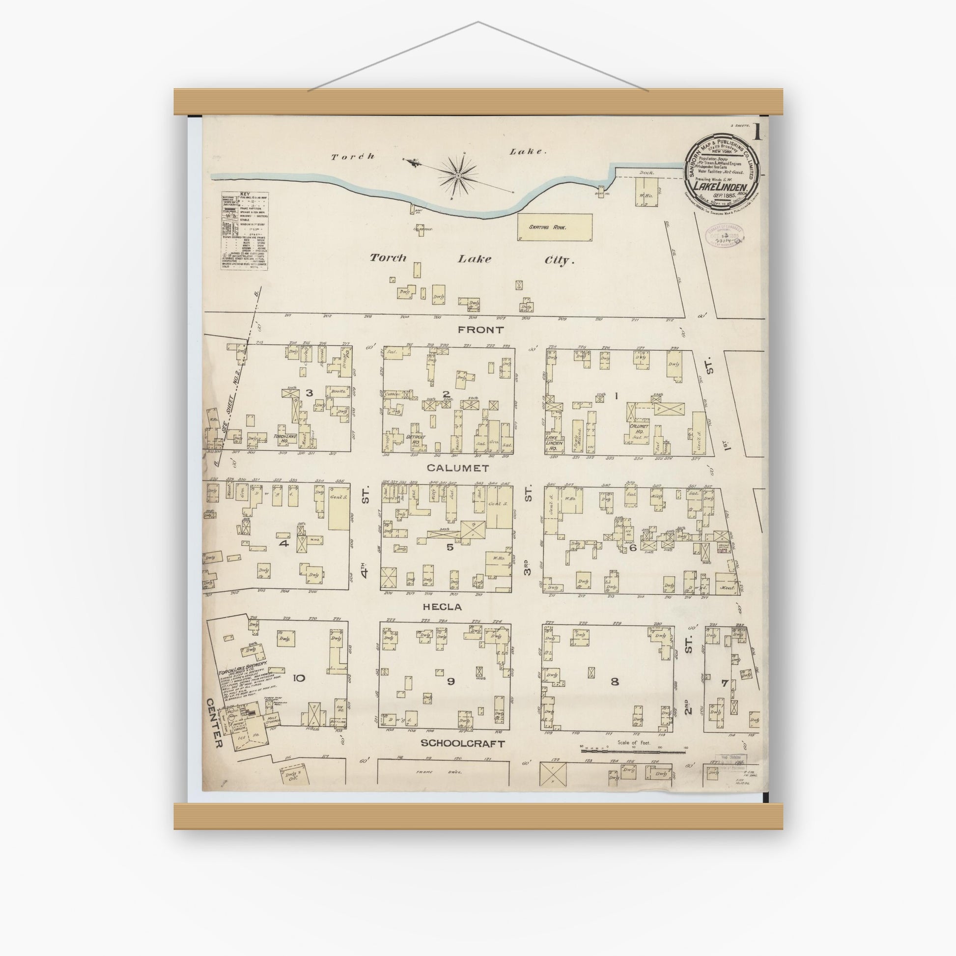 Old map wall art mockup — magnetic wood frame on white wall — Sanborn Fire Insurance Map from Lake Linden, Houghton County, Michigan (1885) - Complete Map Set
