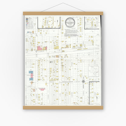 Old map wall art mockup — magnetic wood frame on white wall — Sanborn Fire Insurance Map from Pasadena, Harris County, Texas (1932), Sheet #0001