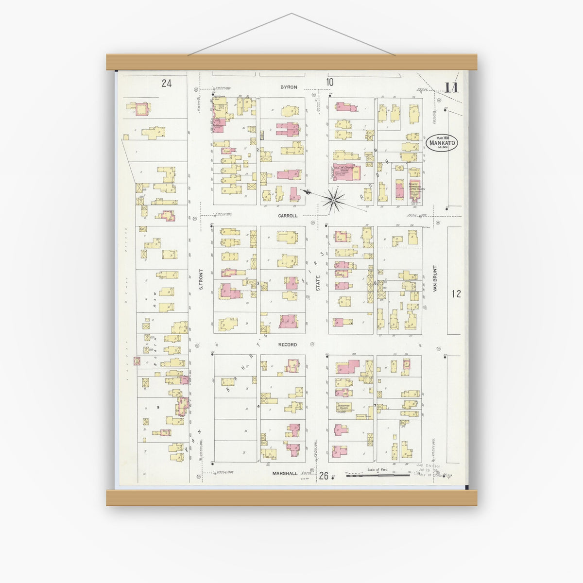 Old map wall art mockup — magnetic wood frame on white wall — Sanborn Fire Insurance Map from Mankato, Blue Earth County, Minnesota (1908), Sheet #0011