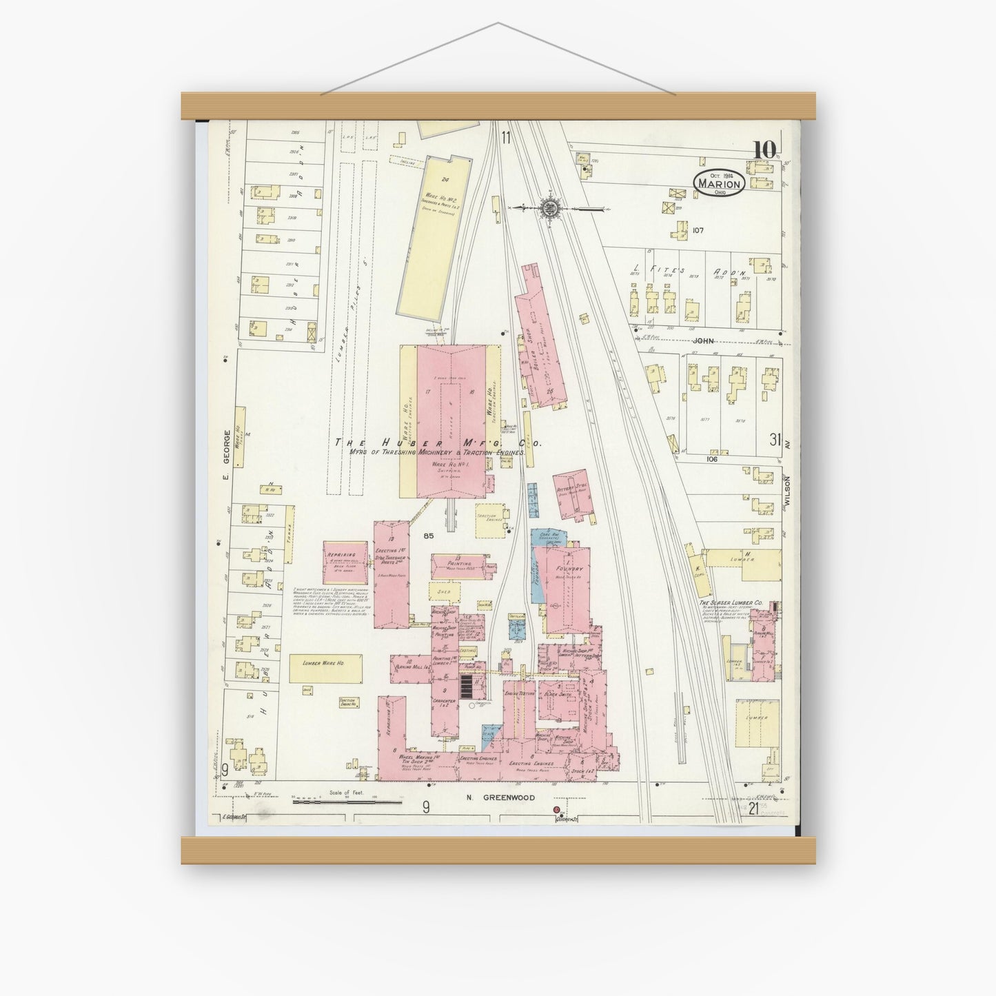 Old map wall art mockup — magnetic wood frame on white wall — Sanborn Fire Insurance Map from Marion, Marion County, Ohio (1914), Sheet #0010