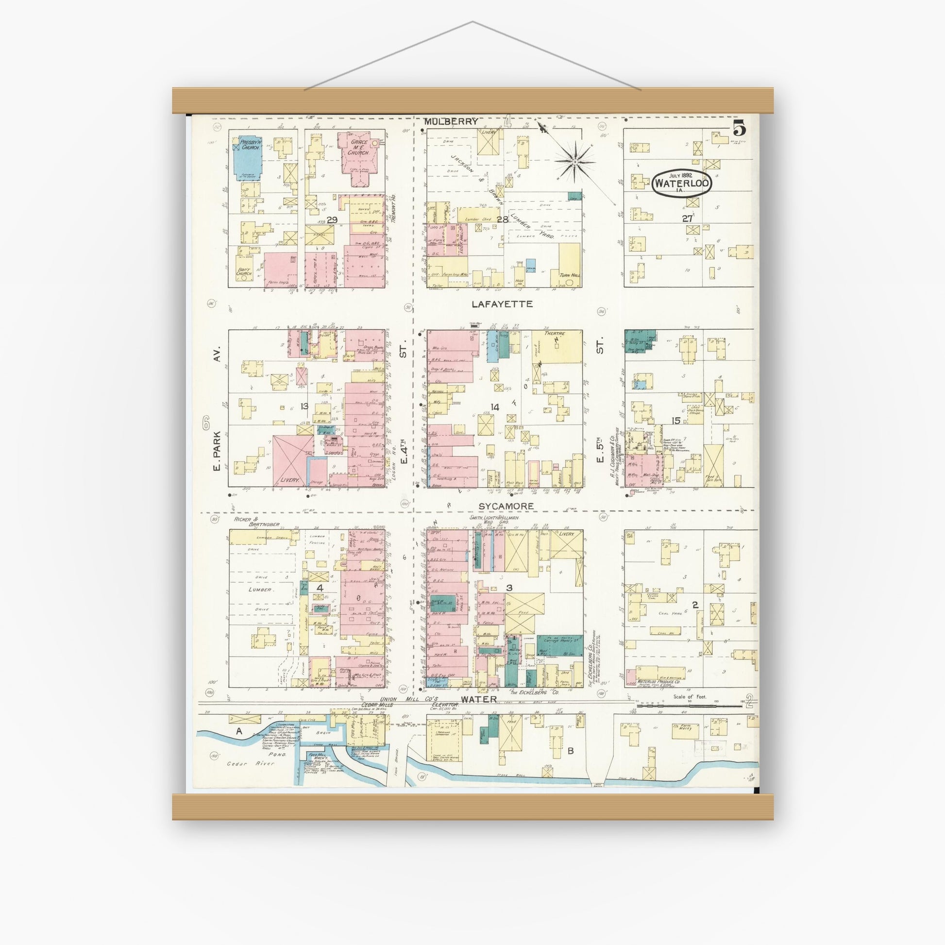Old map wall art mockup — magnetic wood frame on white wall — Sanborn Fire Insurance Map from Waterloo, Black Hawk County, Iowa (1892), Sheet #0005