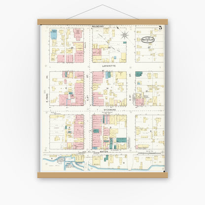 Old map wall art mockup — magnetic wood frame on white wall — Sanborn Fire Insurance Map from Waterloo, Black Hawk County, Iowa (1892), Sheet #0005