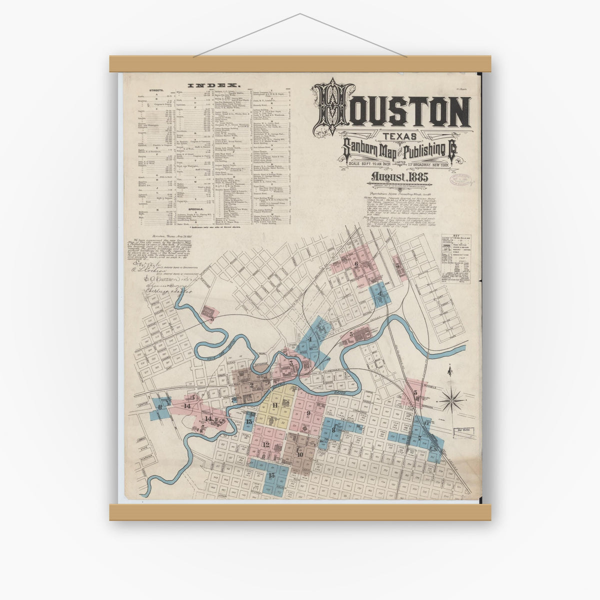 Old map wall art mockup — magnetic wood frame on white wall — Sanborn Fire Insurance Map from Houston, Harris County, Texas (1885) - Complete Map Set
