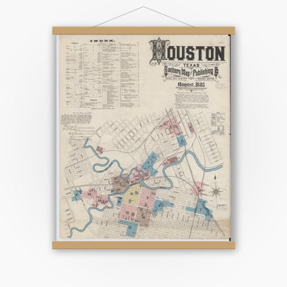 Old map wall art mockup — magnetic wood frame on white wall — Sanborn Fire Insurance Map from Houston, Harris County, Texas (1885) - Complete Map Set