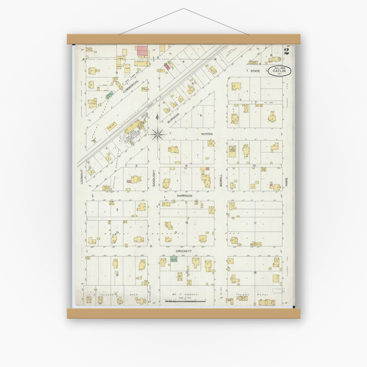Old map wall art mockup — magnetic wood frame on white wall — Sanborn Fire Insurance Map from Catlin, Vermilion County, Illinois (1899), Sheet #0002