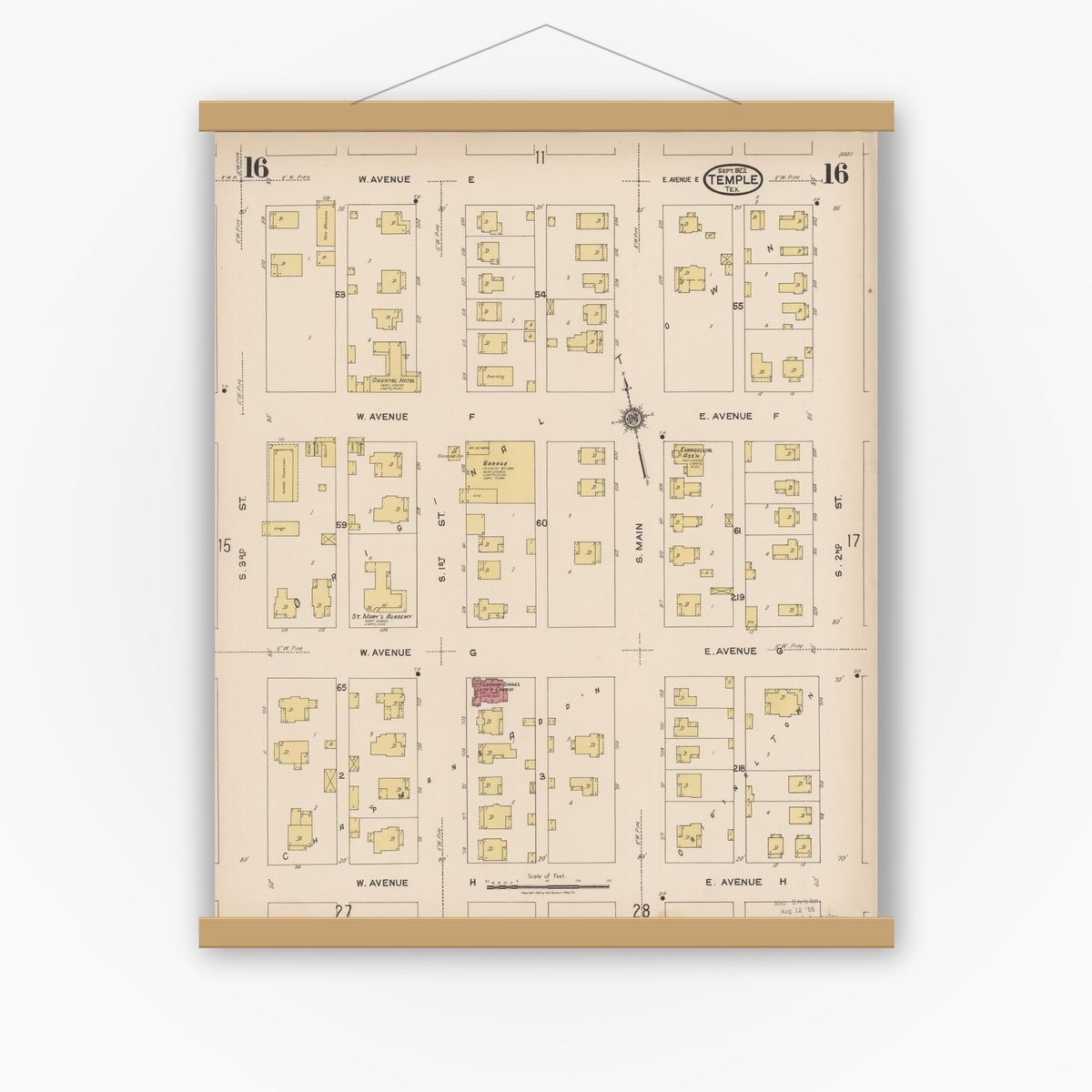 Old map wall art mockup — magnetic wood frame on white wall — Sanborn Fire Insurance Map from Temple, Bell County, Texas (1922), Sheet #0016
