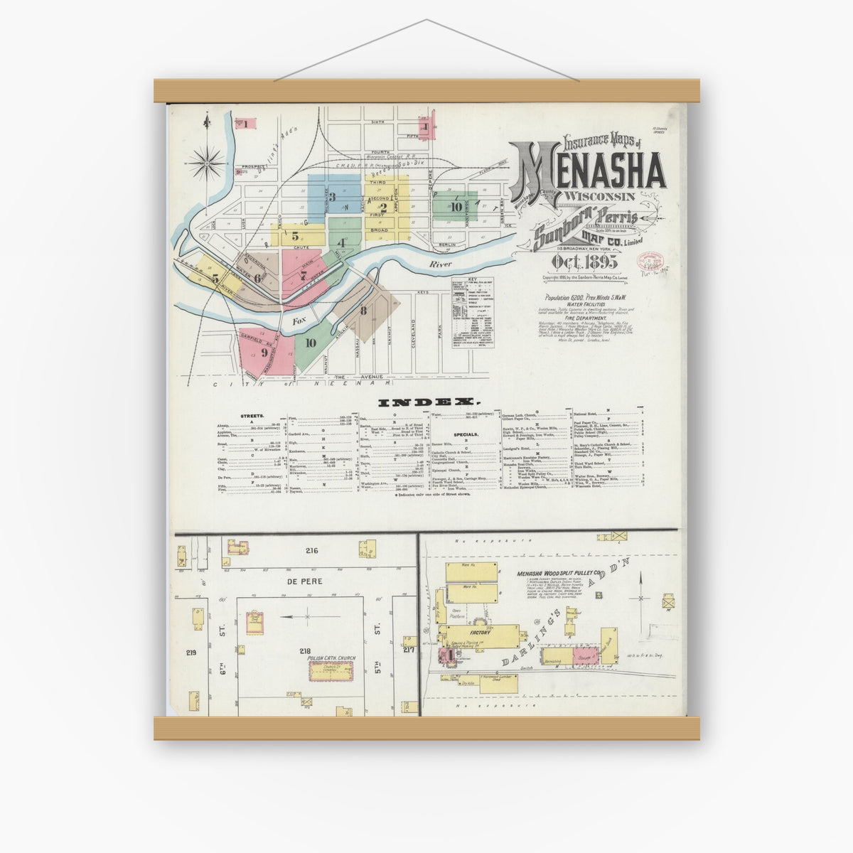 Old map wall art mockup — magnetic wood frame on white wall — Sanborn Fire Insurance Map from Menasha, Winnebago County, Wisconsin (1895) - Complete Map Set