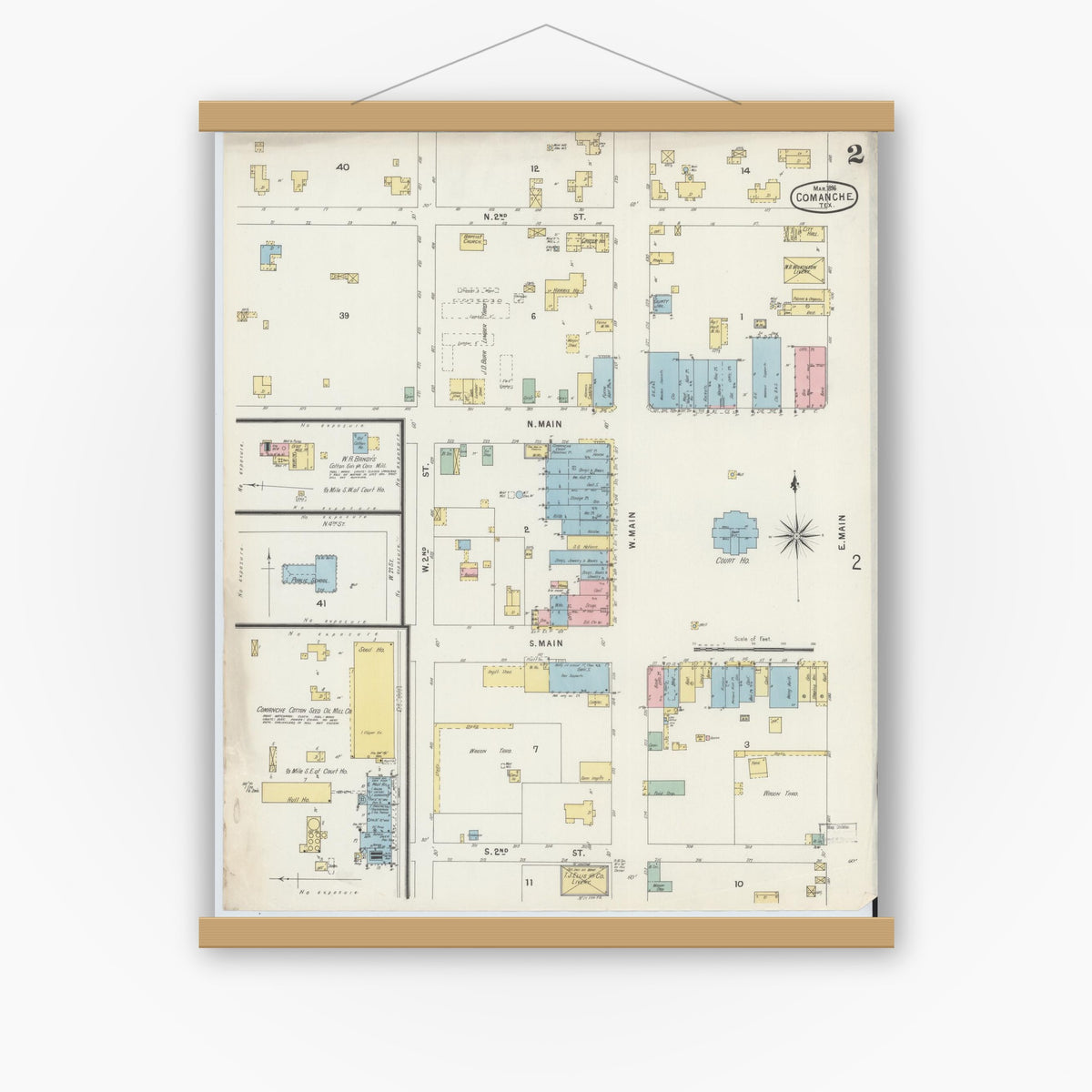Old map wall art mockup — magnetic wood frame on white wall — Sanborn Fire Insurance Map from Comanche, Comanche County, Texas (1896), Sheet #0002