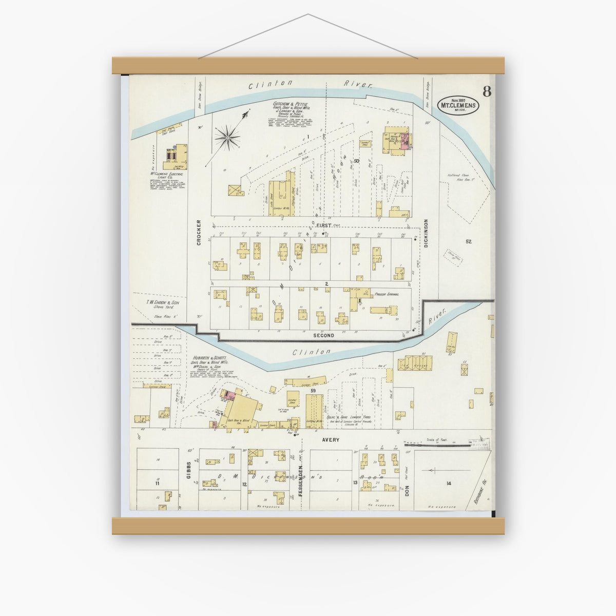 Old map wall art mockup — magnetic wood frame on white wall — Sanborn Fire Insurance Map from Mount Clemens, Macomb County, Michigan (1897), Sheet #0008