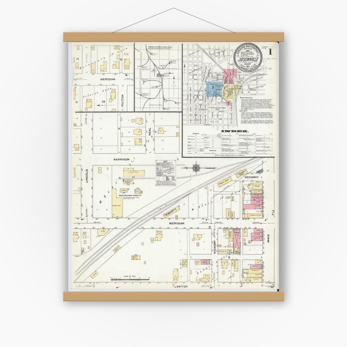 Old map wall art mockup — magnetic wood frame on white wall — Sanborn Fire Insurance Map from Jasonville, Greene County, Indiana (1910), Sheet #0001
