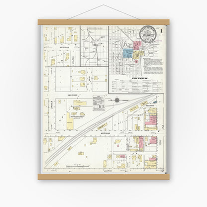 Old map wall art mockup — magnetic wood frame on white wall — Sanborn Fire Insurance Map from Jasonville, Greene County, Indiana (1910), Sheet #0001