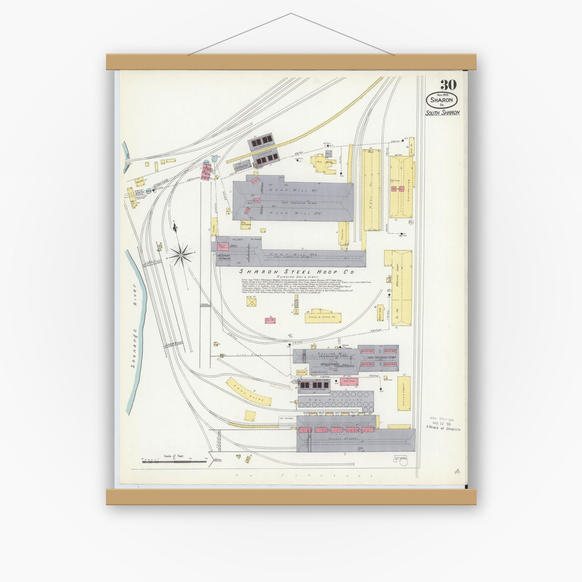 Old map wall art mockup — magnetic wood frame on white wall — Sanborn Fire Insurance Map from Sharon, Mercer County, Pennsylvania (1908), Sheet #0030