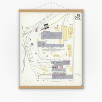 Old map wall art mockup — magnetic wood frame on white wall — Sanborn Fire Insurance Map from Sharon, Mercer County, Pennsylvania (1908), Sheet #0030