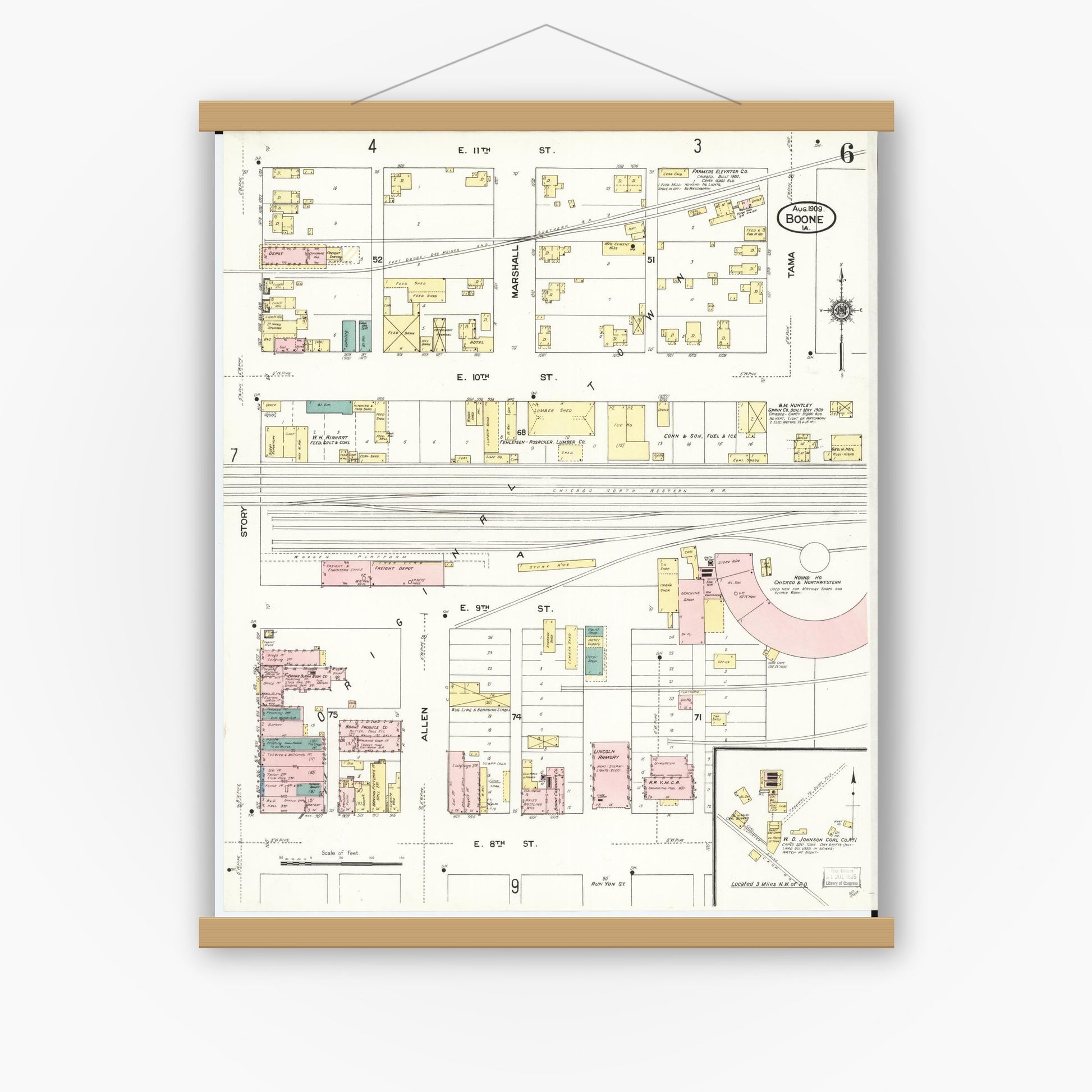 Old map wall art mockup — magnetic wood frame on white wall — Sanborn Fire Insurance Map from Boone, Boone County, Iowa (1909), Sheet #0006