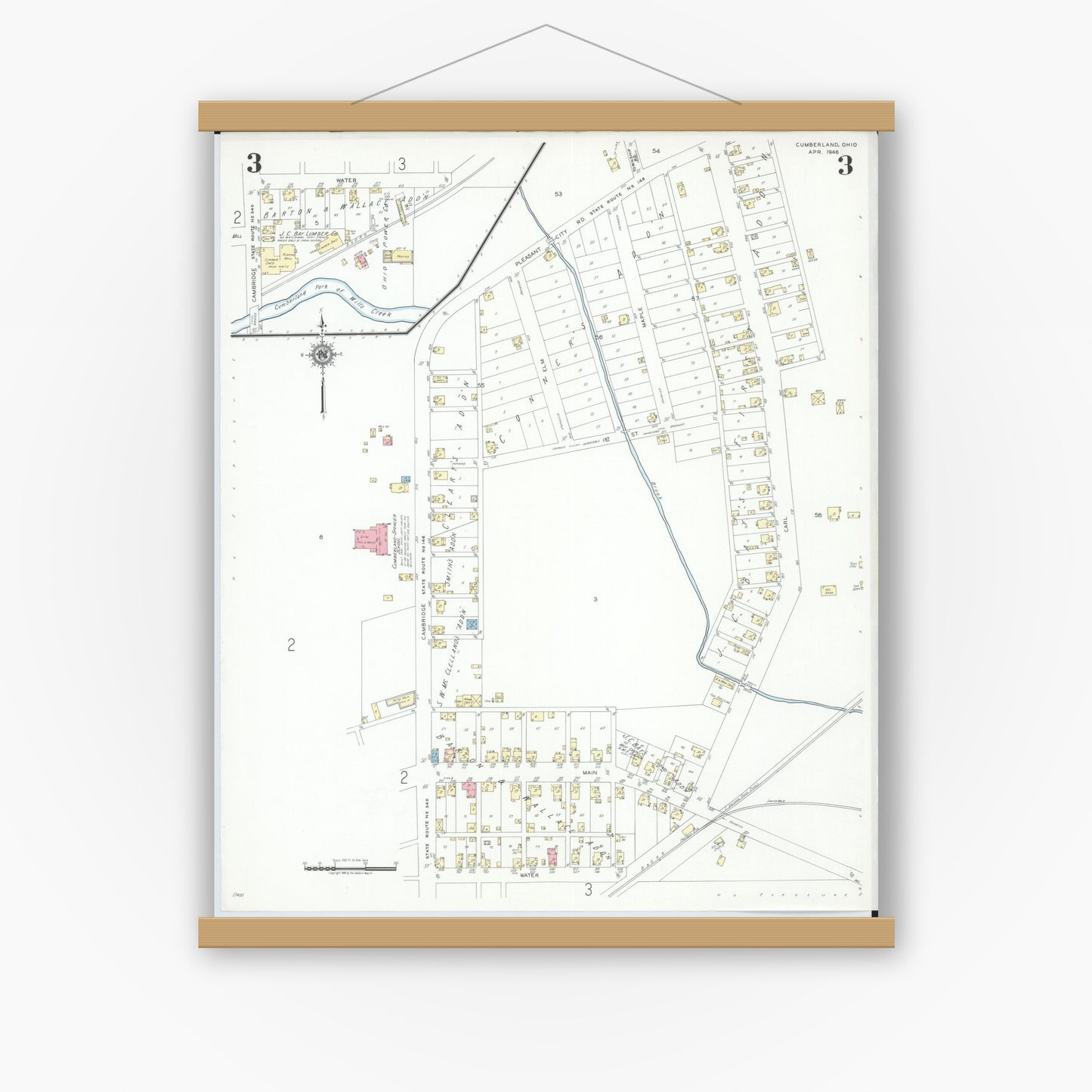 Old map wall art mockup — magnetic wood frame on white wall — Sanborn Fire Insurance Map from Cumberland, Guernsey County, Ohio (1946), Sheet #0003