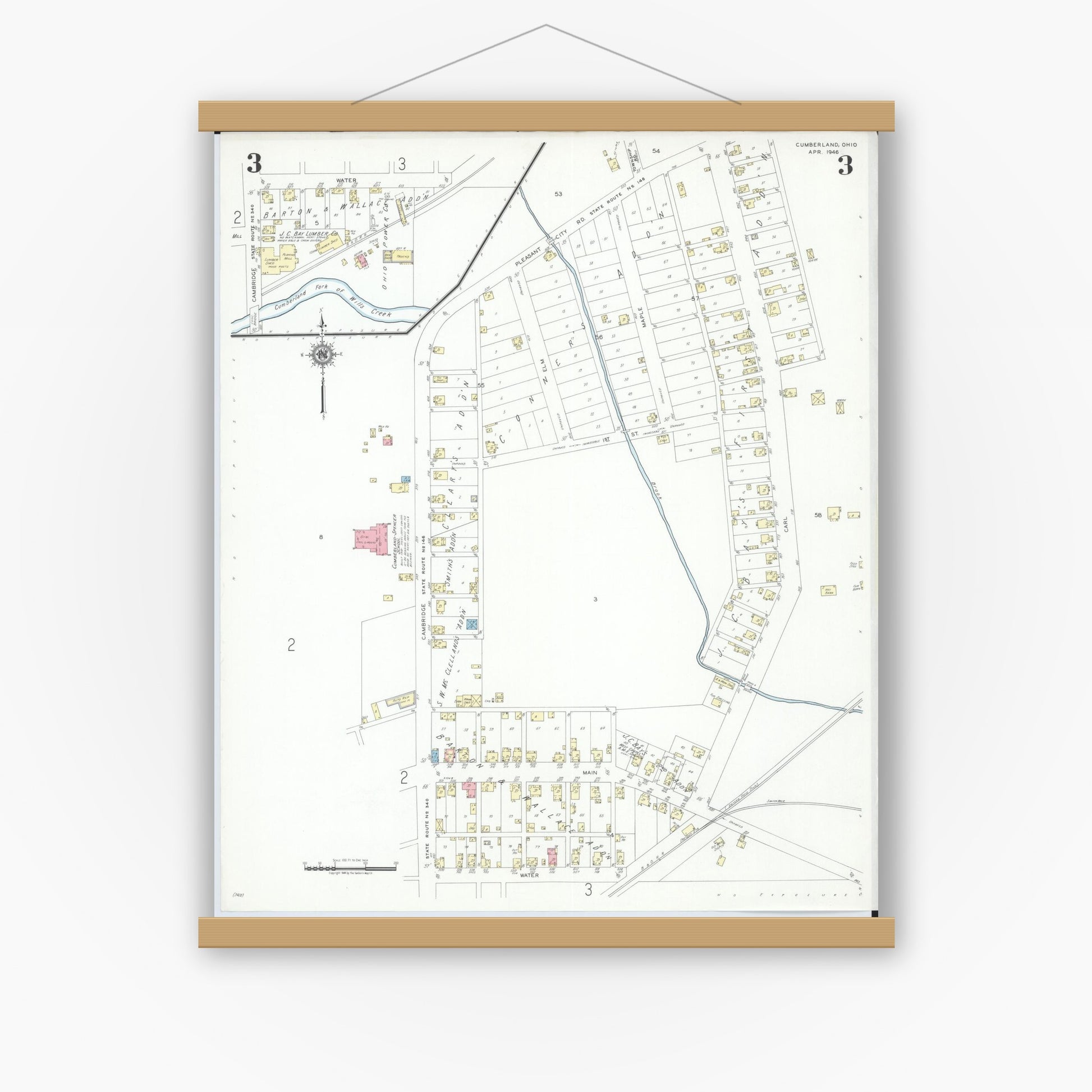 Old map wall art mockup — magnetic wood frame on white wall — Sanborn Fire Insurance Map from Cumberland, Guernsey County, Ohio (1946), Sheet #0003