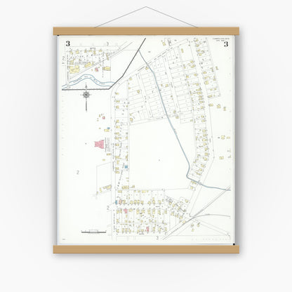 Old map wall art mockup — magnetic wood frame on white wall — Sanborn Fire Insurance Map from Cumberland, Guernsey County, Ohio (1946), Sheet #0003