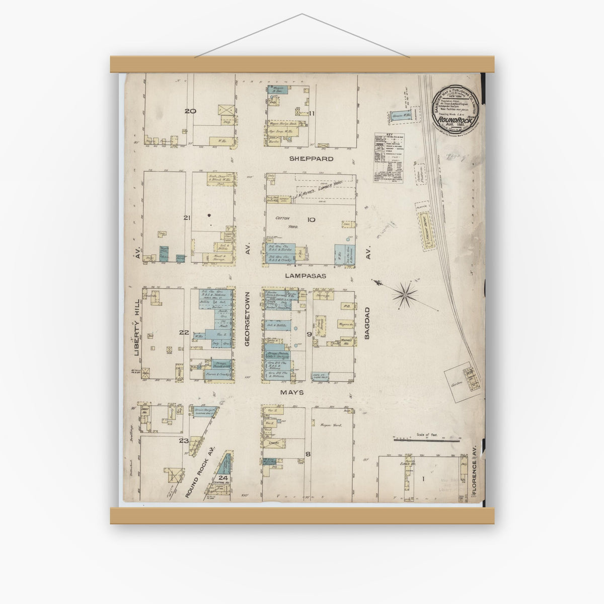 Old map wall art mockup — magnetic wood frame on white wall — Sanborn Fire Insurance Map from Round Rock, Williamson County, Texas (1885), Sheet #0001