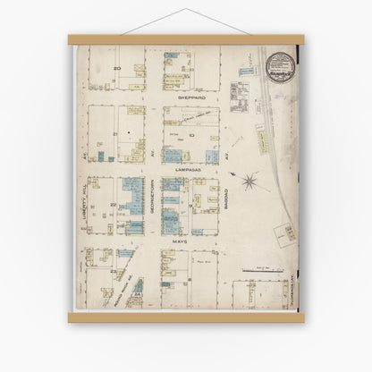 Old map wall art mockup — magnetic wood frame on white wall — Sanborn Fire Insurance Map from Round Rock, Williamson County, Texas (1885), Sheet #0001