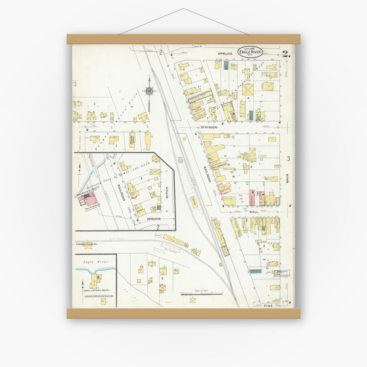 Old map wall art mockup — magnetic wood frame on white wall — Sanborn Fire Insurance Map from Eagle River, Vilas County, Wisconsin (1909), Sheet #0002