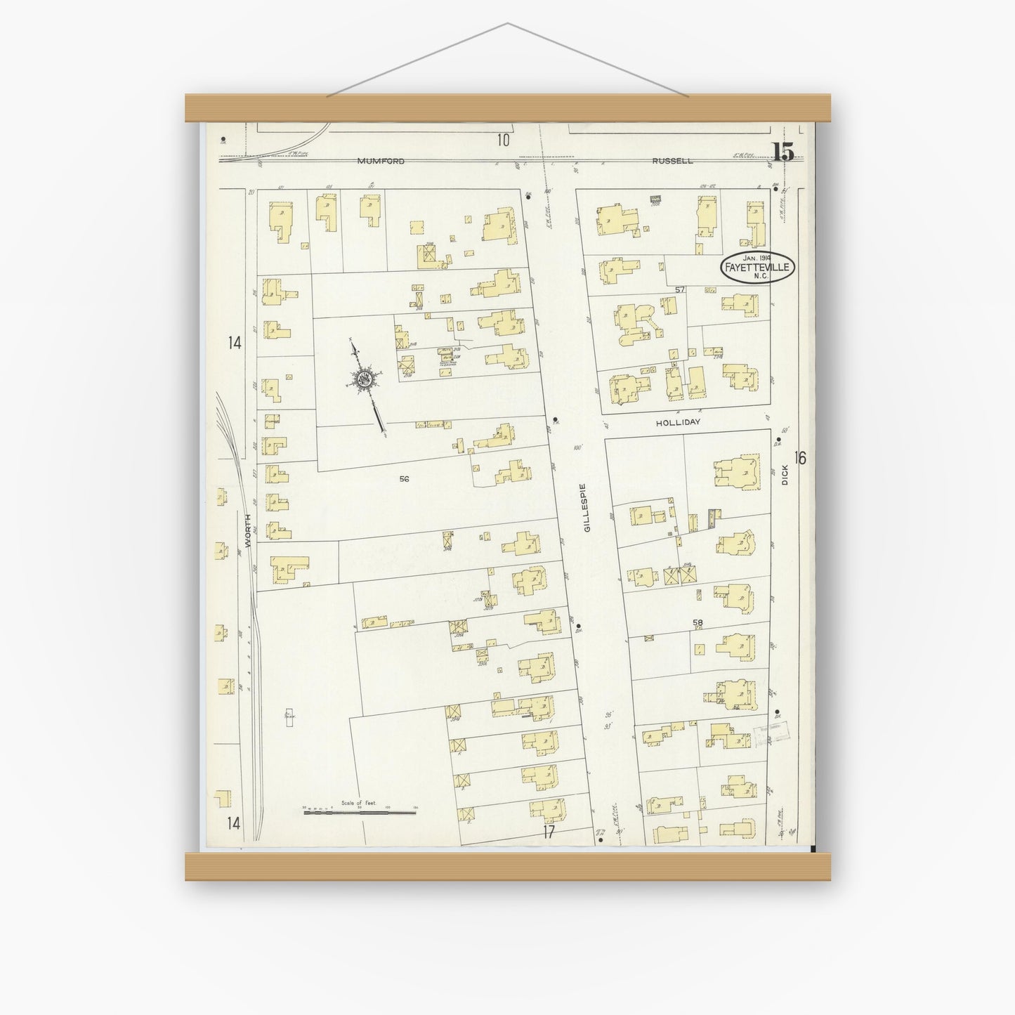 Old map wall art mockup — magnetic wood frame on white wall — Sanborn Fire Insurance Map from Fayetteville, Cumberland County, North Carolina (1914), Sheet #0015