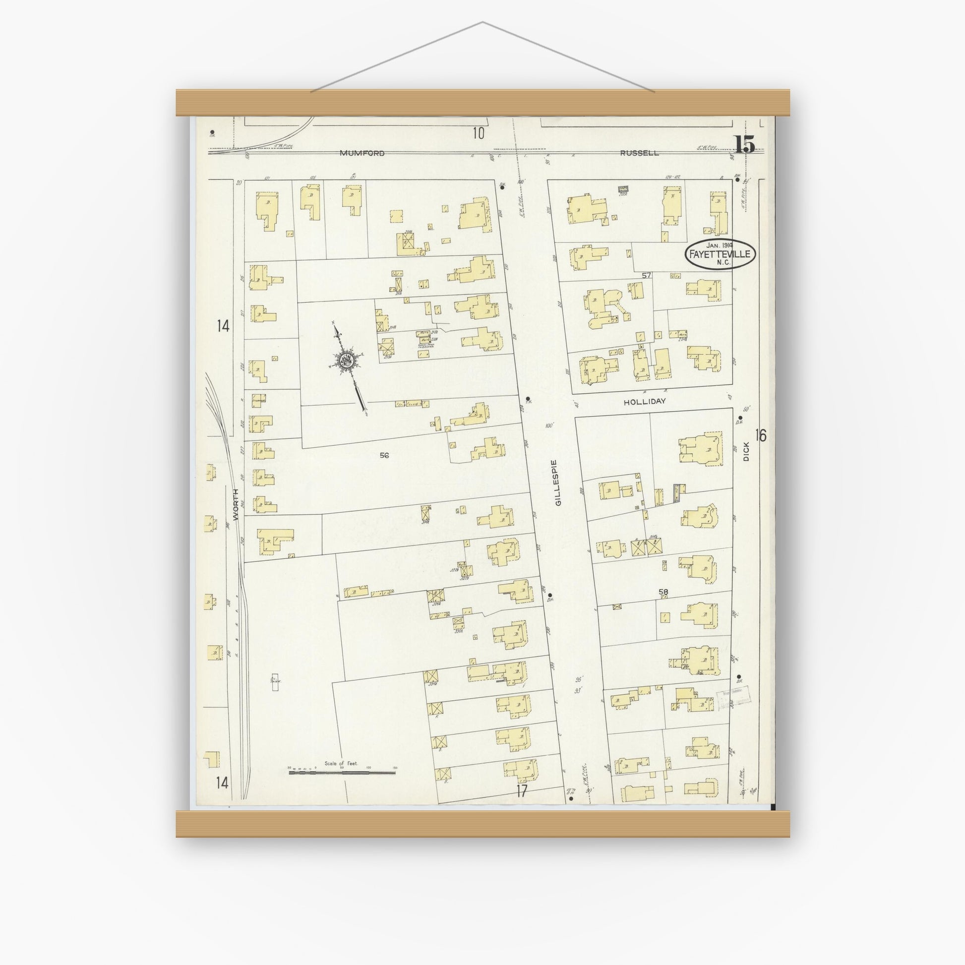 Old map wall art mockup — magnetic wood frame on white wall — Sanborn Fire Insurance Map from Fayetteville, Cumberland County, North Carolina (1914), Sheet #0015