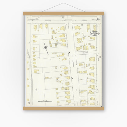 Old map wall art mockup — magnetic wood frame on white wall — Sanborn Fire Insurance Map from Fayetteville, Cumberland County, North Carolina (1914), Sheet #0015