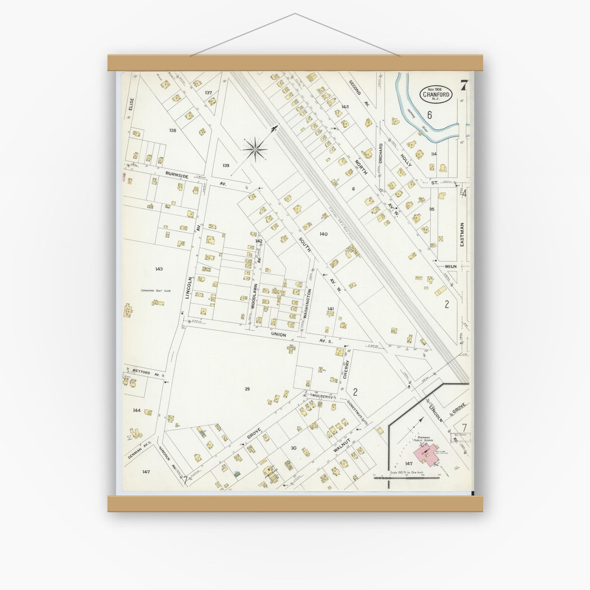 Old map wall art mockup — magnetic wood frame on white wall — Sanborn Fire Insurance Map from Cranford, Union County, New Jersey (1908), Sheet #0007