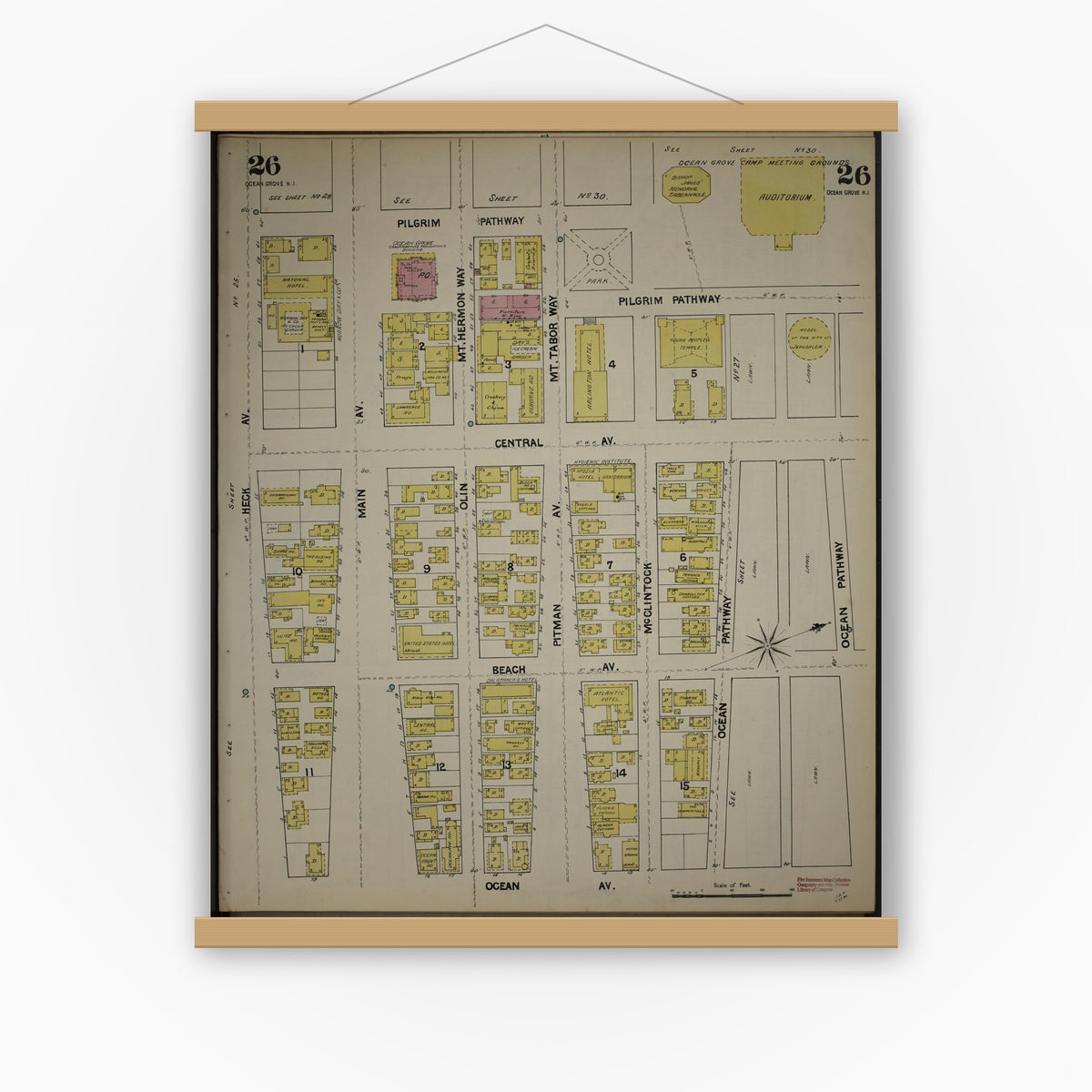 Old map wall art mockup — magnetic wood frame on white wall — Sanborn Fire Insurance Map from New Jersey Coast, New Jersey Coast, New Jersey (1890), Sheet #0026