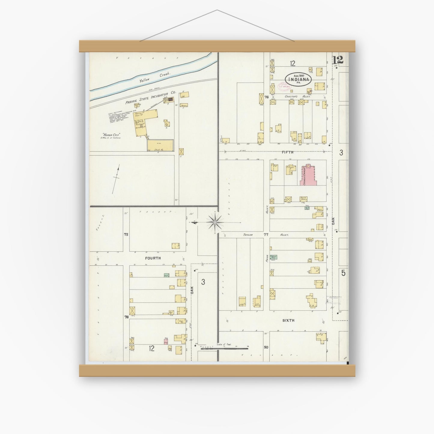 Old map wall art mockup — magnetic wood frame on white wall — Sanborn Fire Insurance Map from Indiana, Indiana County, Pennsylvania (1888), Sheet #0012