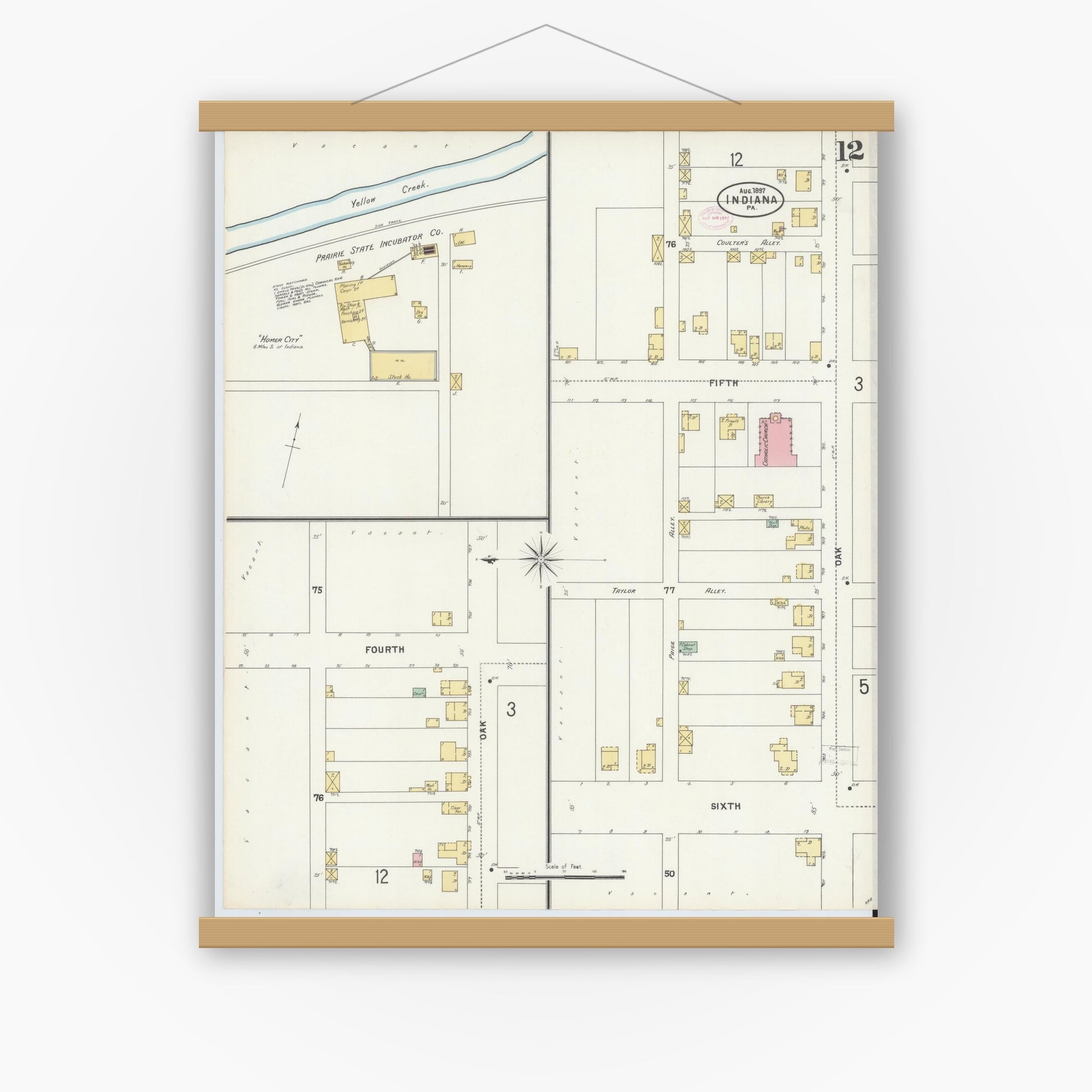 Old map wall art mockup — magnetic wood frame on white wall — Sanborn Fire Insurance Map from Indiana, Indiana County, Pennsylvania (1888), Sheet #0012