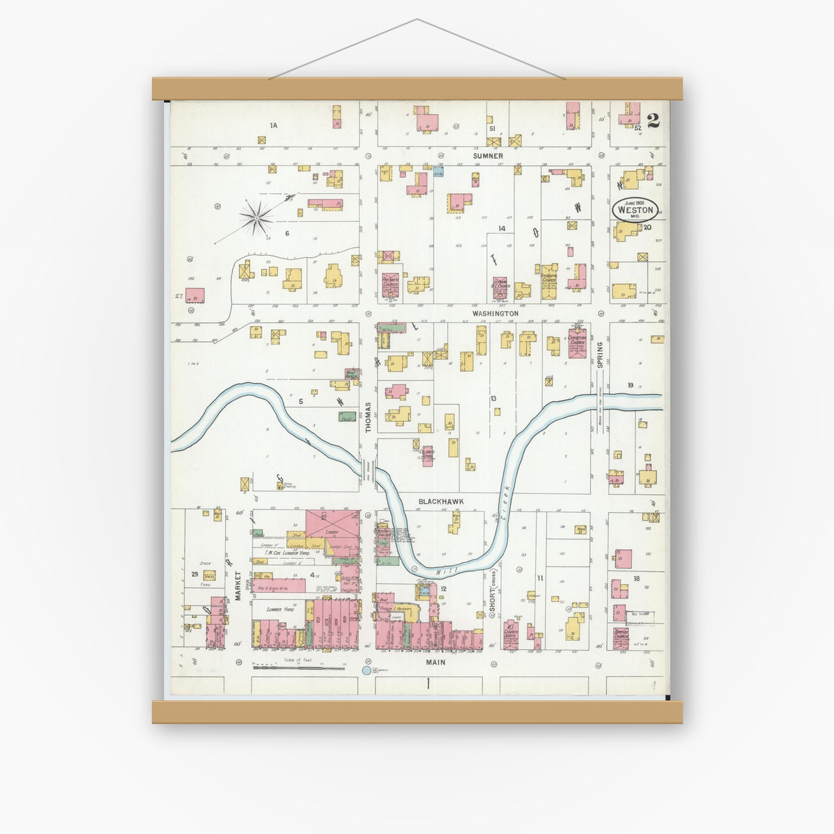 Old map wall art mockup — magnetic wood frame on white wall — Sanborn Fire Insurance Map from Weston, Platte County, Missouri (1900), Sheet #0002
