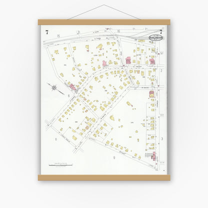 Old map wall art mockup — magnetic wood frame on white wall — Sanborn Fire Insurance Map from Burlington, Alamance County, North Carolina (1929), Sheet #0007