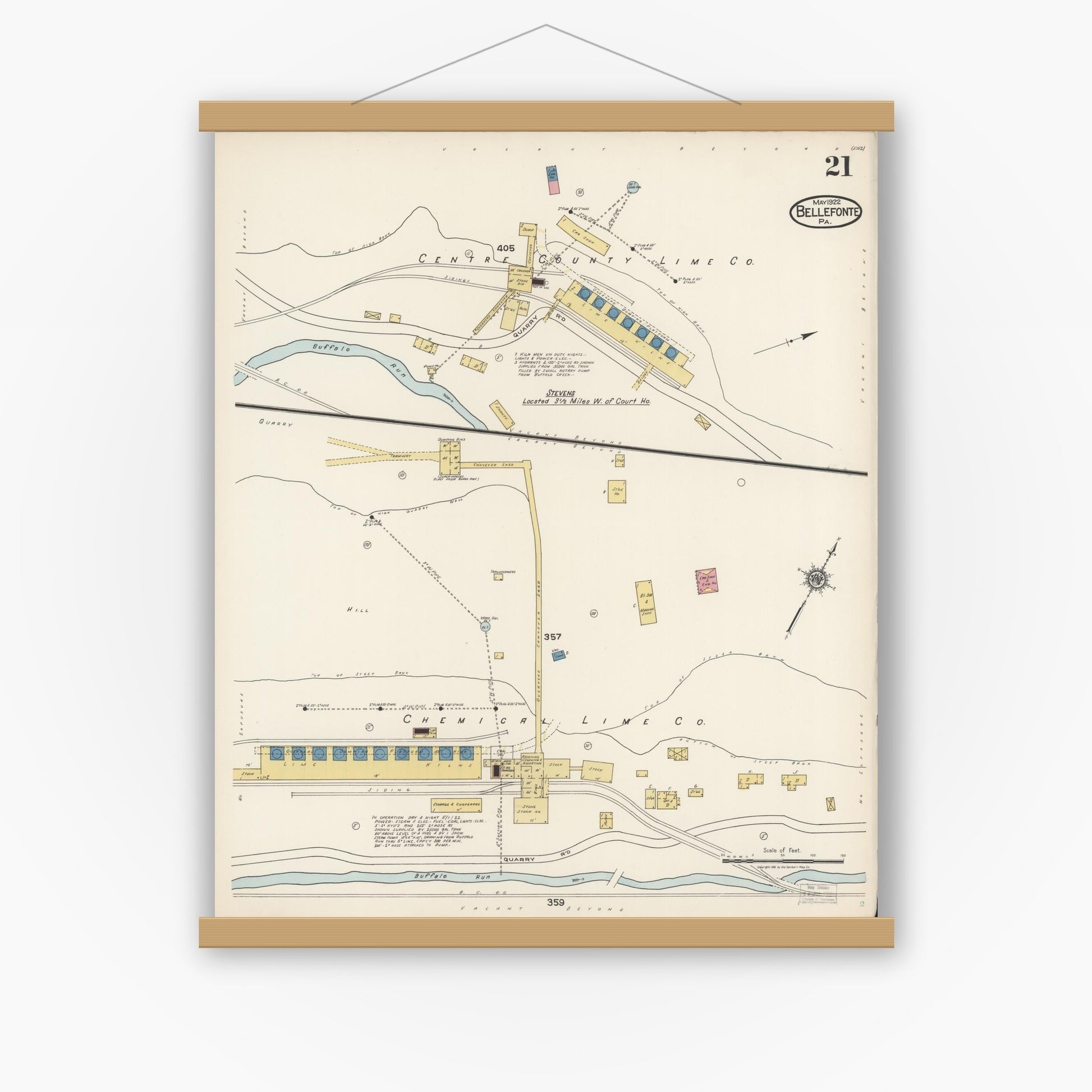 Old map wall art mockup — magnetic wood frame on white wall — Sanborn Fire Insurance Map from Bellefonte, Centre County, Pennsylvania (1922), Sheet #0021