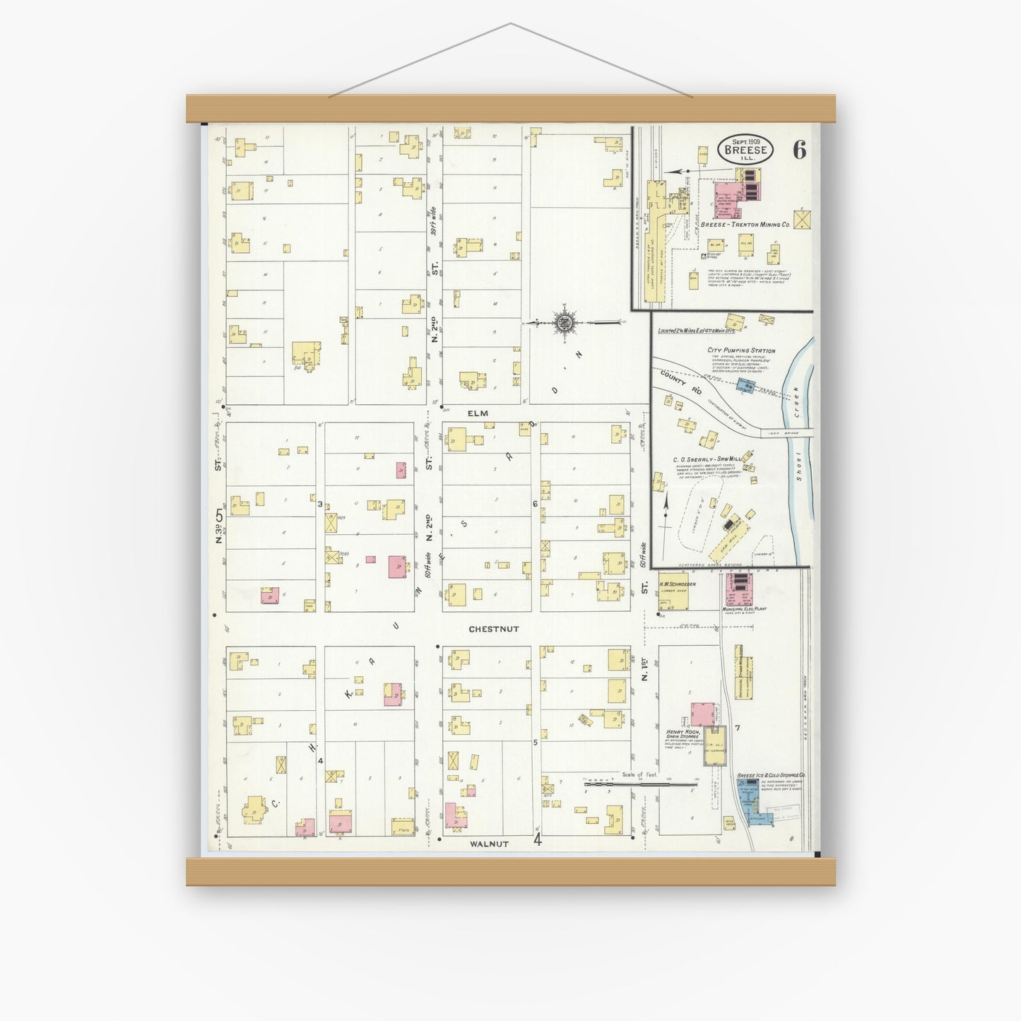 Old map wall art mockup — magnetic wood frame on white wall — Sanborn Fire Insurance Map from Breese, Clinton County, Illinois (1909), Sheet #0006