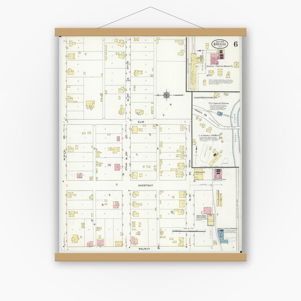 Old map wall art mockup — magnetic wood frame on white wall — Sanborn Fire Insurance Map from Breese, Clinton County, Illinois (1909), Sheet #0006
