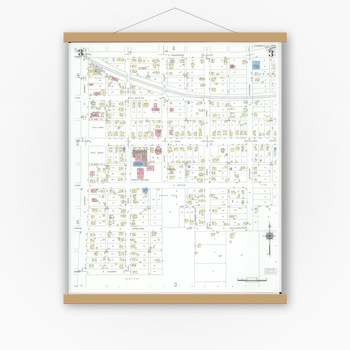 Old map wall art mockup — magnetic wood frame on white wall — Sanborn Fire Insurance Map from Loudonville, Ashland County, Ohio (1950), Sheet #0003