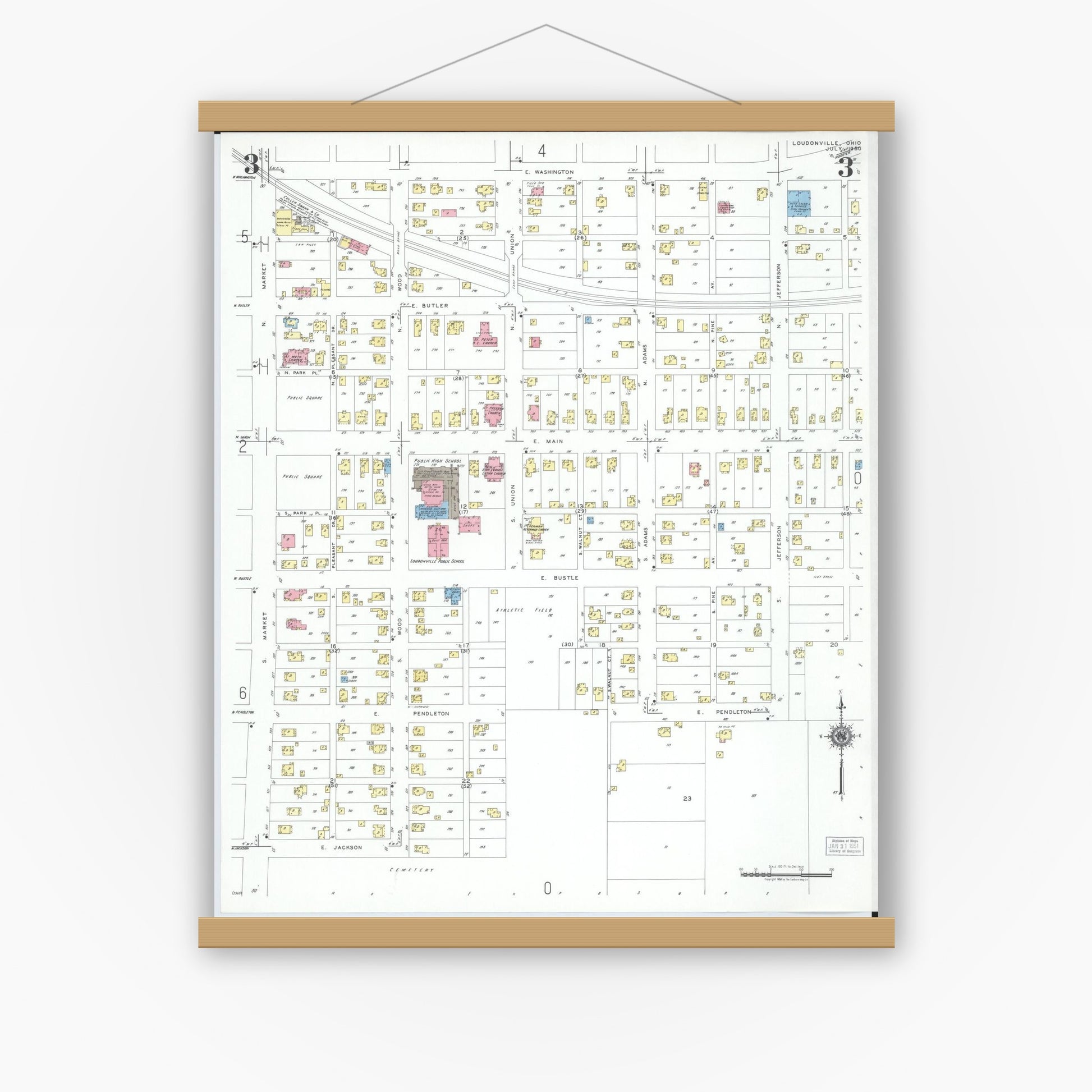 Old map wall art mockup — magnetic wood frame on white wall — Sanborn Fire Insurance Map from Loudonville, Ashland County, Ohio (1950), Sheet #0003