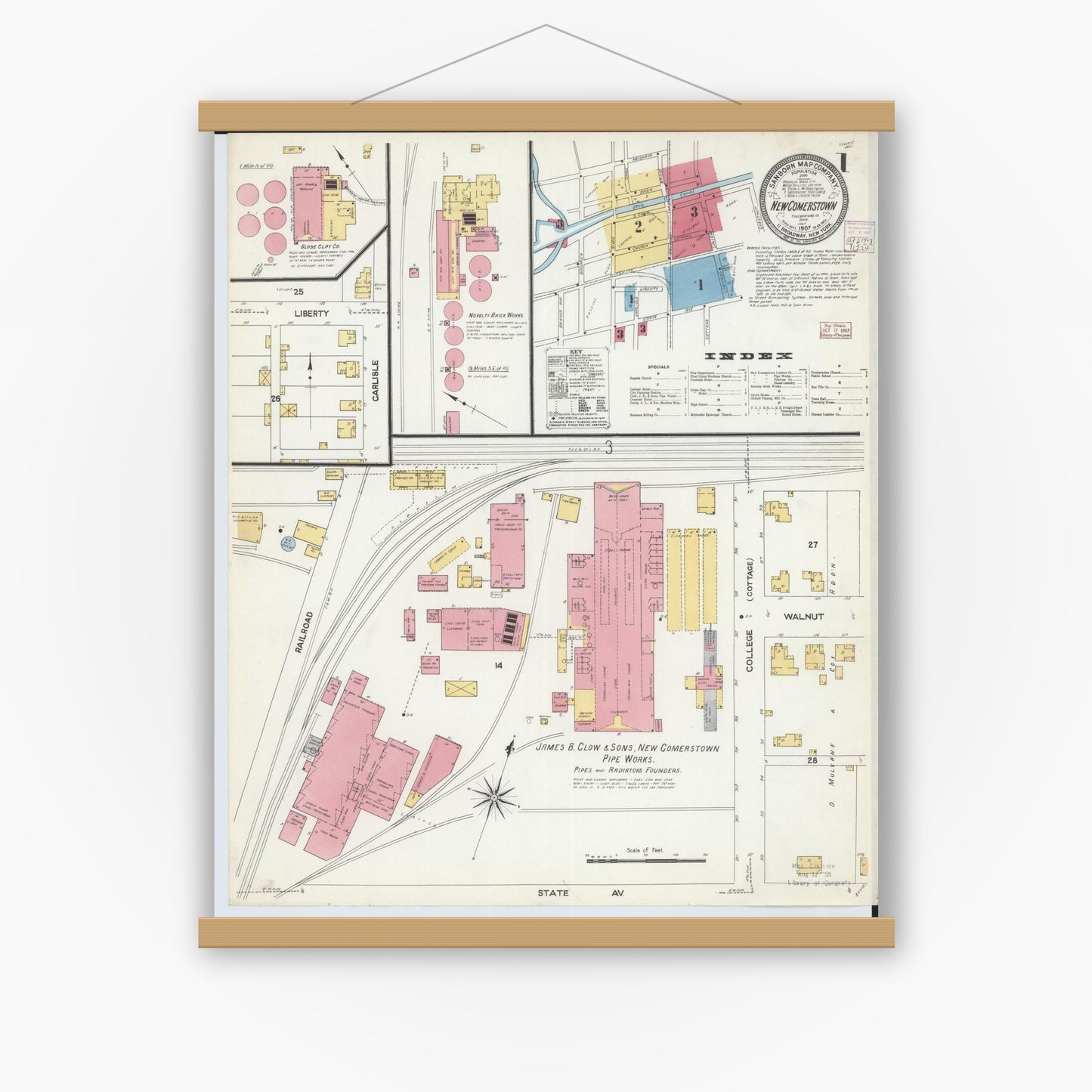 Old map wall art mockup — magnetic wood frame on white wall — Sanborn Fire Insurance Map from Newcomerstown, Tuscarawas County, Ohio (1907), Sheet #0001