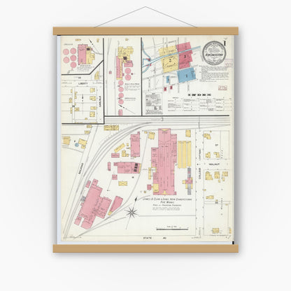 Old map wall art mockup — magnetic wood frame on white wall — Sanborn Fire Insurance Map from Newcomerstown, Tuscarawas County, Ohio (1907), Sheet #0001