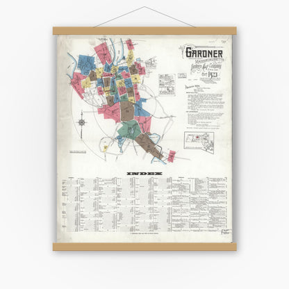 Old map wall art mockup — magnetic wood frame on white wall — Sanborn Fire Insurance Map from Gardner, Worcester County, Massachusetts (1923) - Complete Map Set