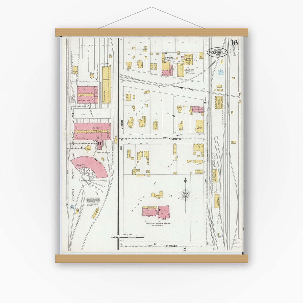 Old map wall art mockup — magnetic wood frame on white wall — Sanborn Fire Insurance Map from Jacksonville, Morgan County, Illinois (1899), Sheet #0016