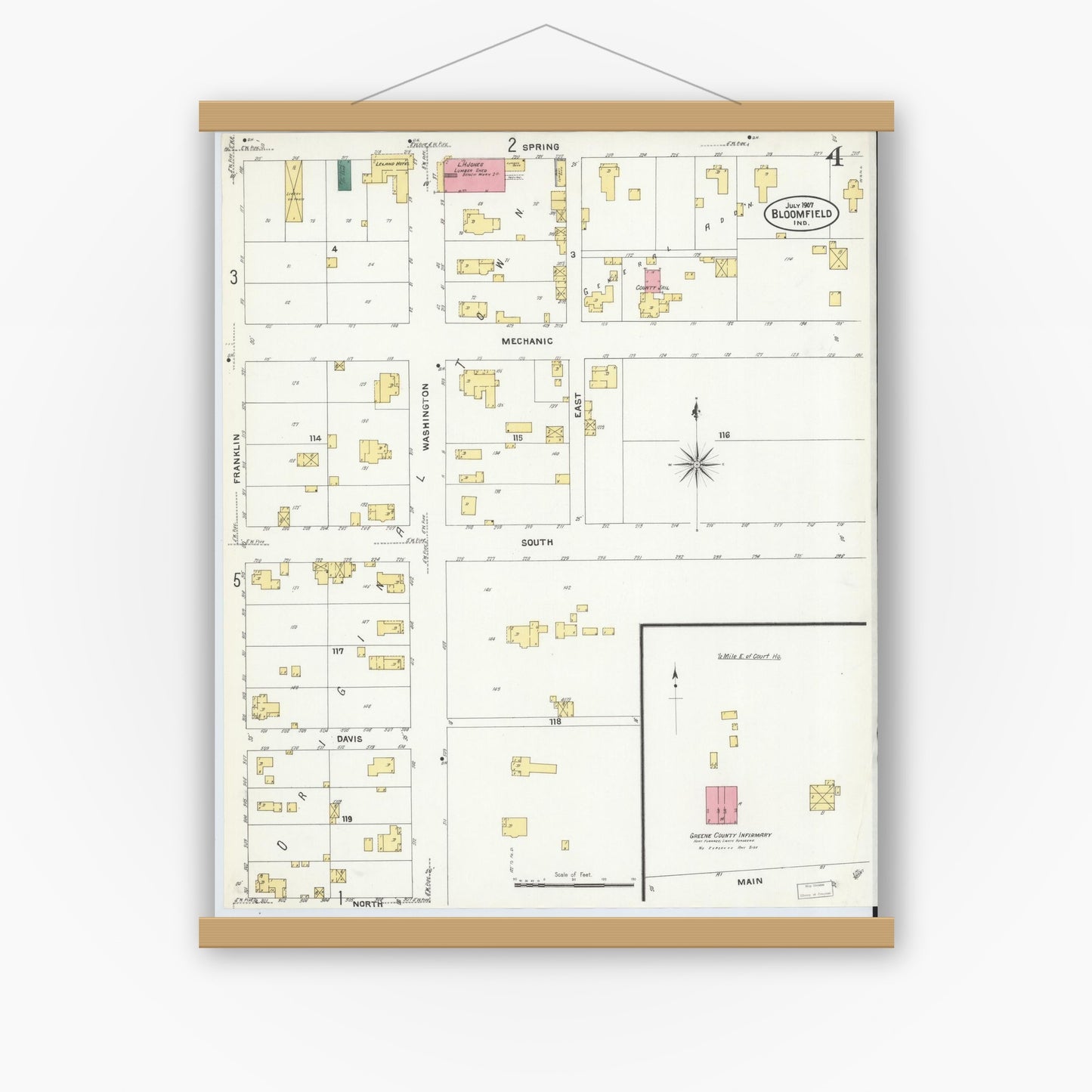 Old map wall art mockup — magnetic wood frame on white wall — Sanborn Fire Insurance Map from Bloomfield, Greene County, Indiana (1907), Sheet #0004