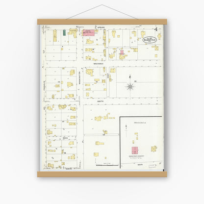 Old map wall art mockup — magnetic wood frame on white wall — Sanborn Fire Insurance Map from Bloomfield, Greene County, Indiana (1907), Sheet #0004