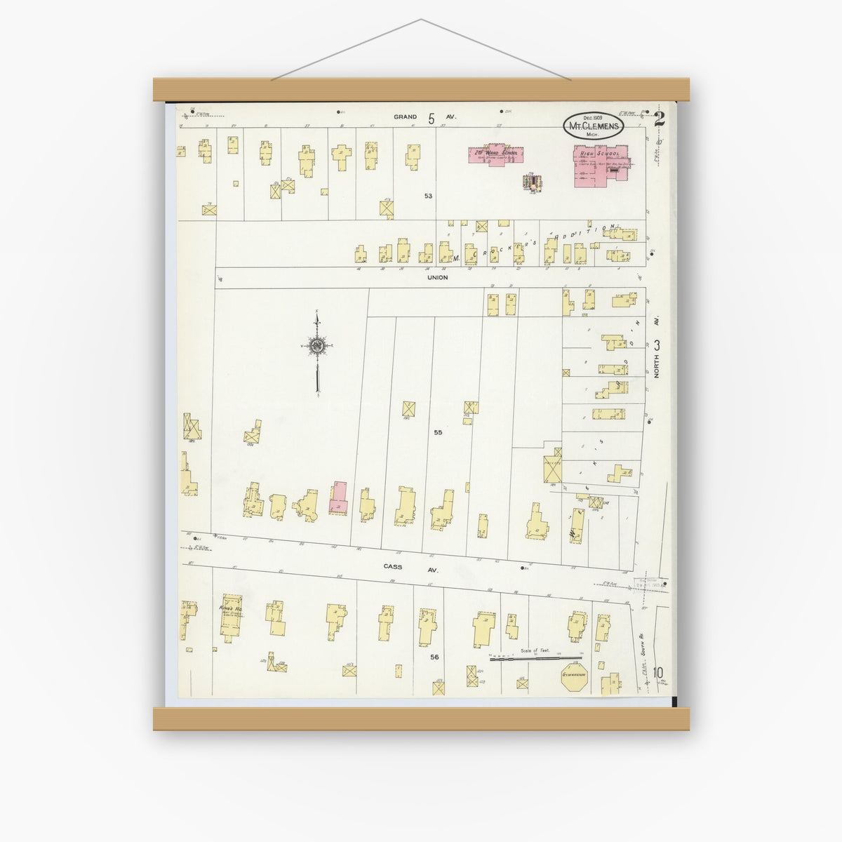 Old map wall art mockup — magnetic wood frame on white wall — Sanborn Fire Insurance Map from Mount Clemens, Macomb County, Michigan (1909), Sheet #0002