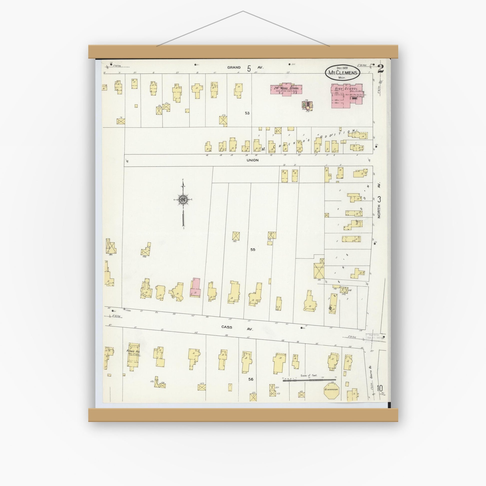 Old map wall art mockup — magnetic wood frame on white wall — Sanborn Fire Insurance Map from Mount Clemens, Macomb County, Michigan (1909), Sheet #0002