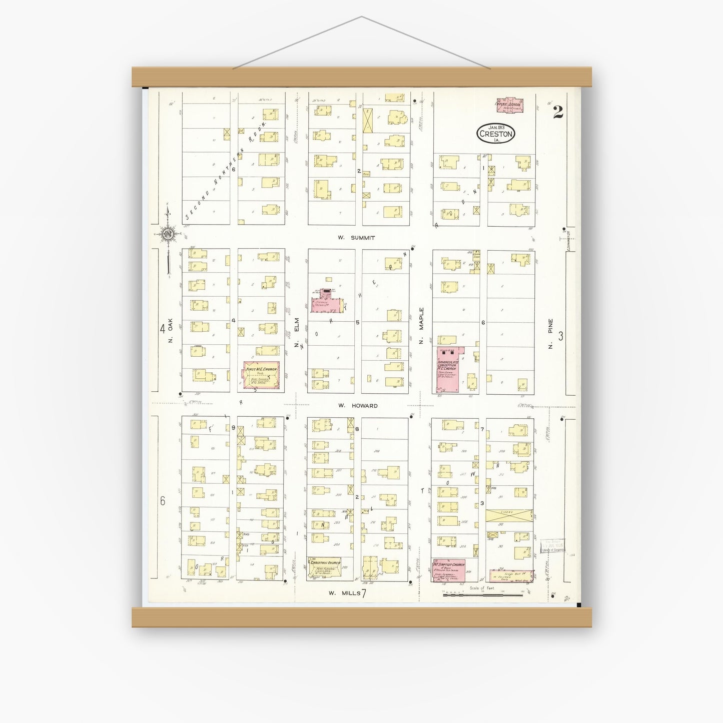 Old map wall art mockup — magnetic wood frame on white wall — Sanborn Fire Insurance Map from Creston, Union County, Iowa (1913), Sheet #0002